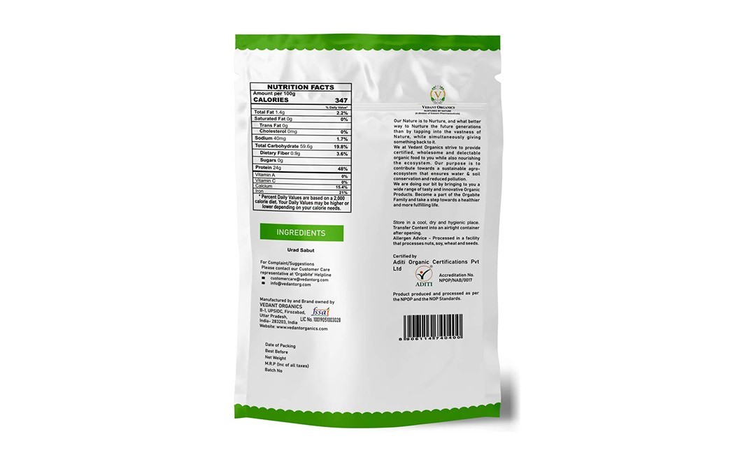 Orgabite Organic Urad Sabut    Pack  1` kilogram